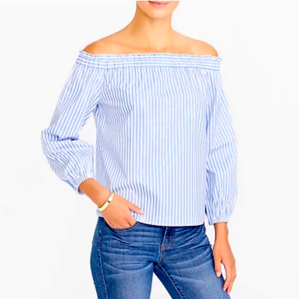 J.Crew Blue & White Striped Off-Shoulder Blouse | Bardot Top | Size M
